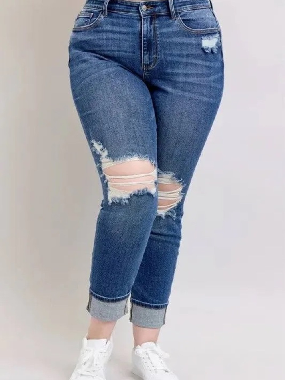Judy Blue Midi Rise Boyfriend Destroy Jeans with Yoke Pockets 20W